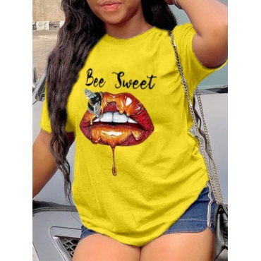 

LW Lip Letter Print T-shirt, Yellow