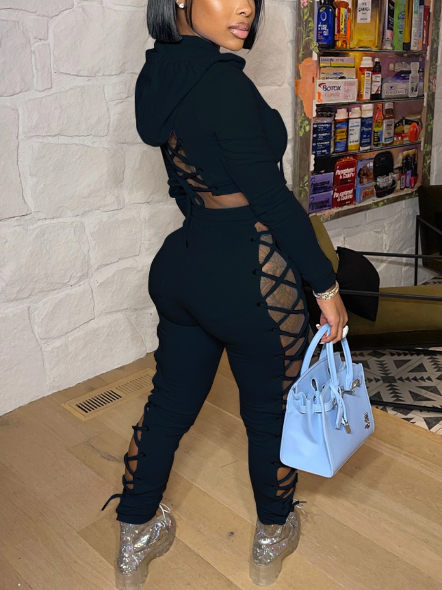 LovelyWholesale Bandage Design Crop Top Tracksuit Set Fall Long Sleeve Street Bandage Design Hooded Collar Spring Summer 2024