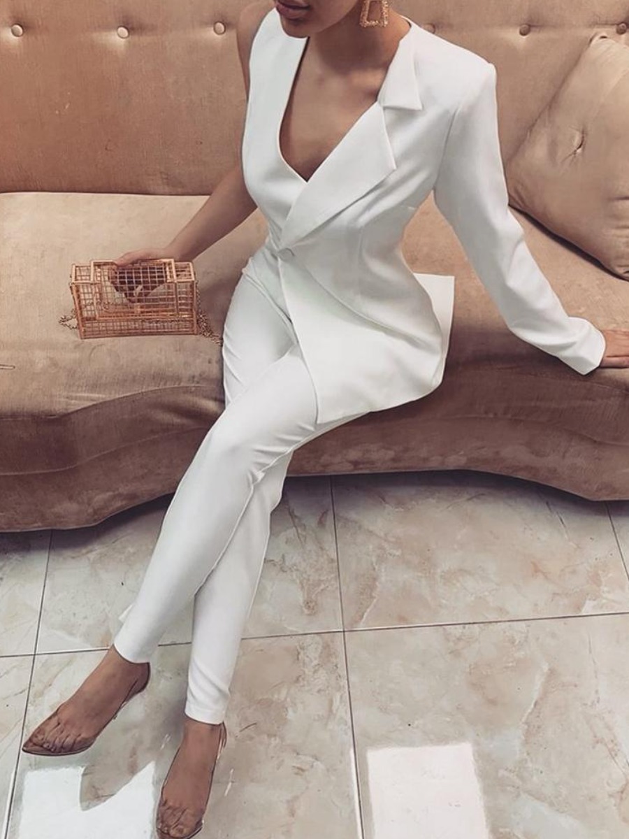 

LW Turndown Collar Button Design Blazer Jumpsuit, White