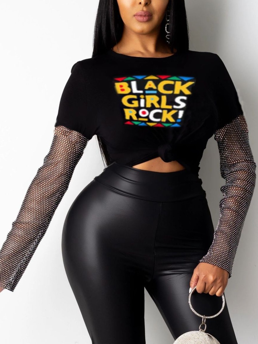 

LW Geometric Letter Print T-shirt, Black