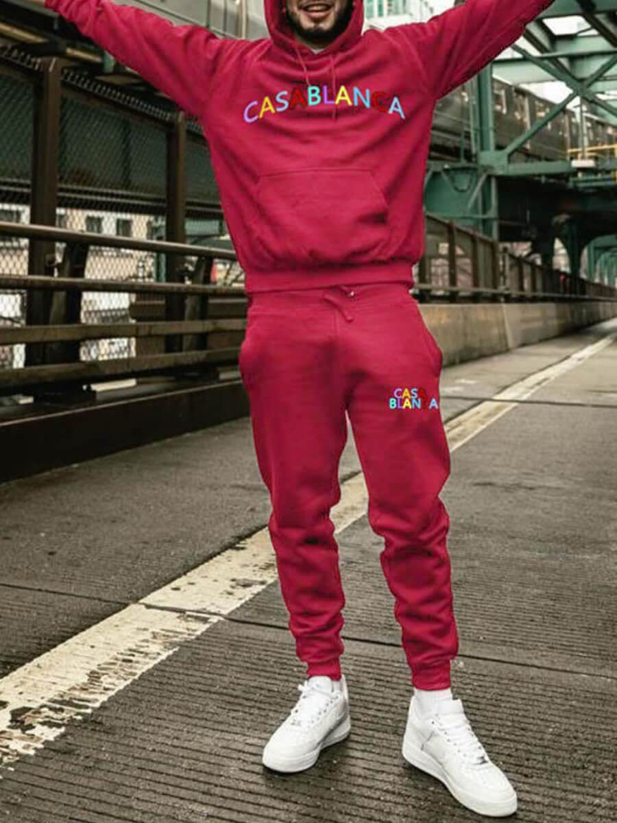 

LW Men Leisure Hooded Collar Letter Print Wine Red Two-piece Pants Set