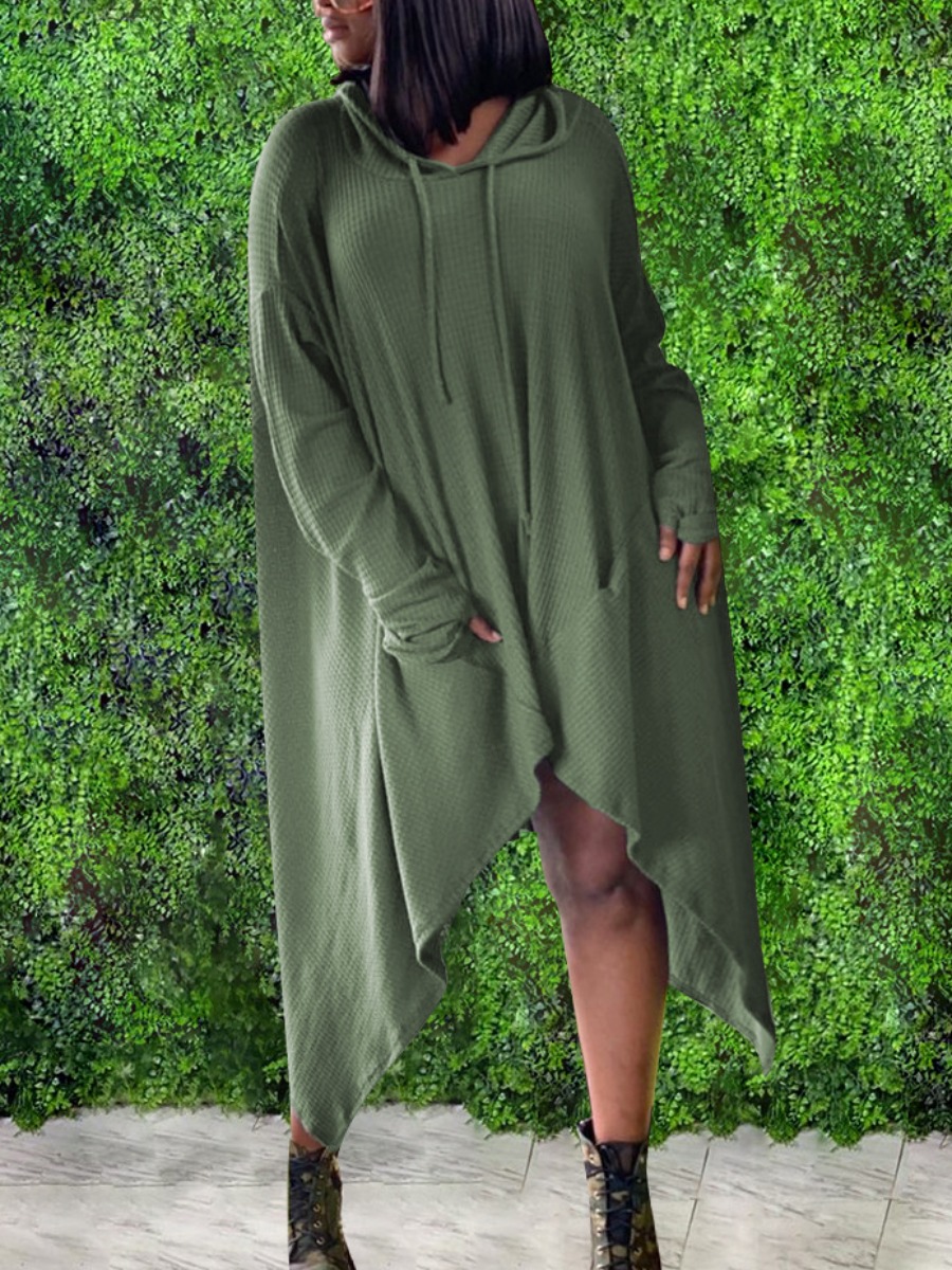 

LW Hooded Collar Asymmetrical Dress, Army green