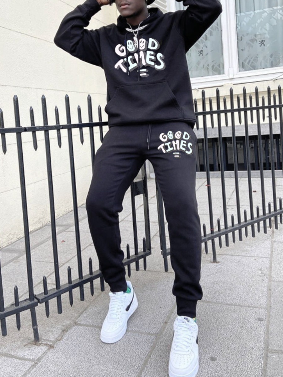 

LW Men Letter Print Drawstring Pants Set, Black