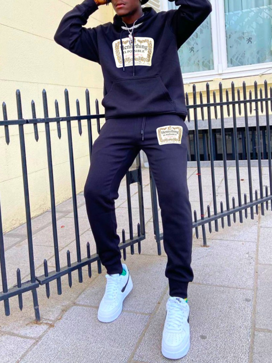 

LW Men Letter Print Drawstring Pants Set, Navy blue