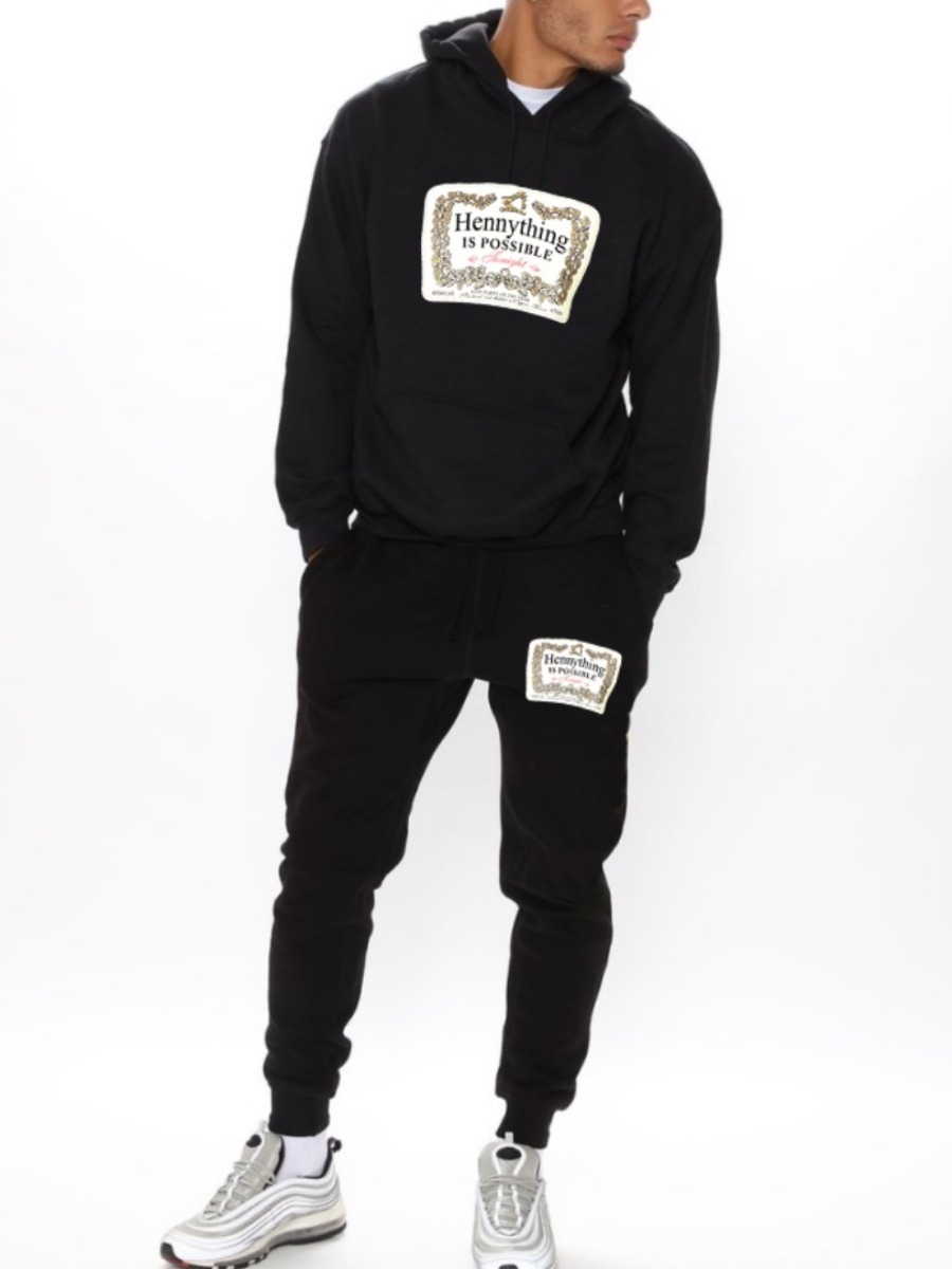 

LW Men Hooded Collar Letter Print Pants Set, Black