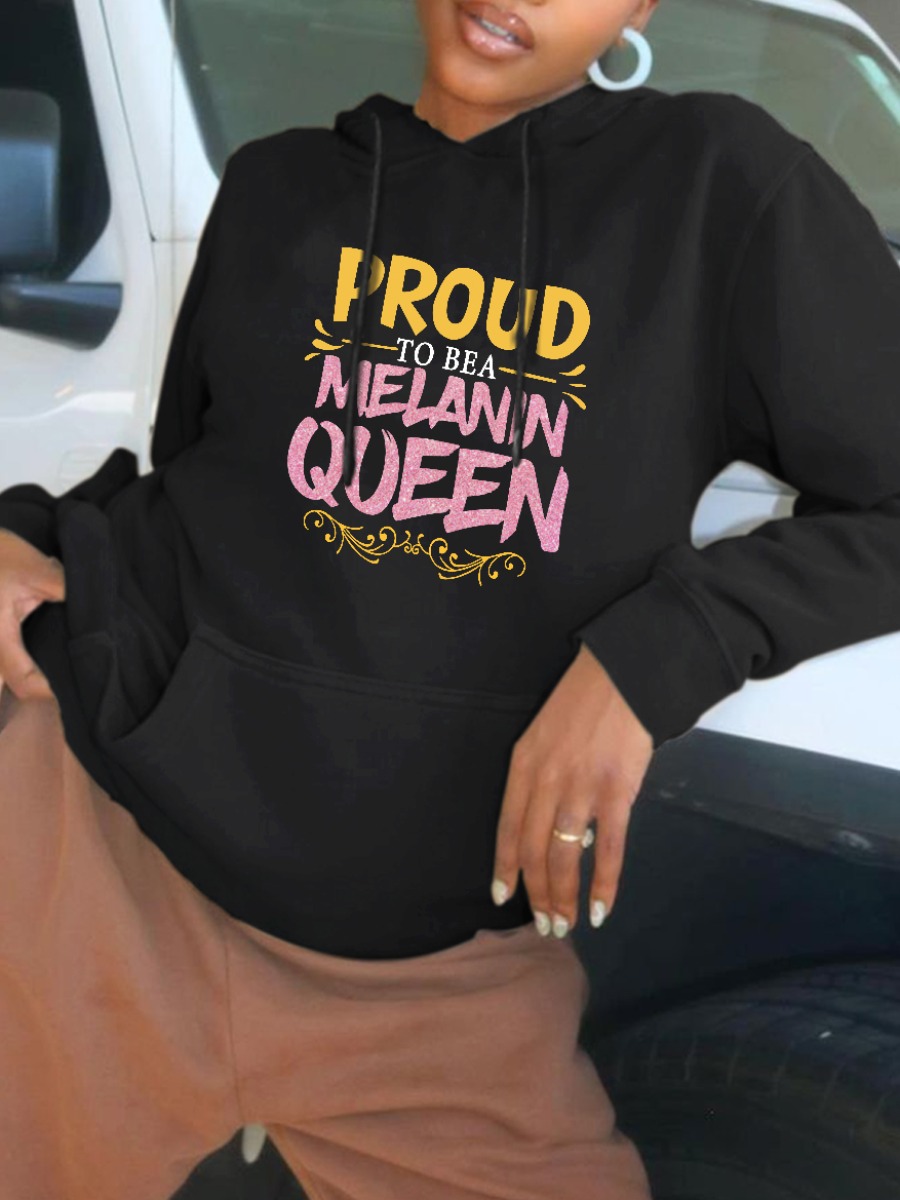 

LW Plus Size Hooded Collar Letter Print Hoodie, Black