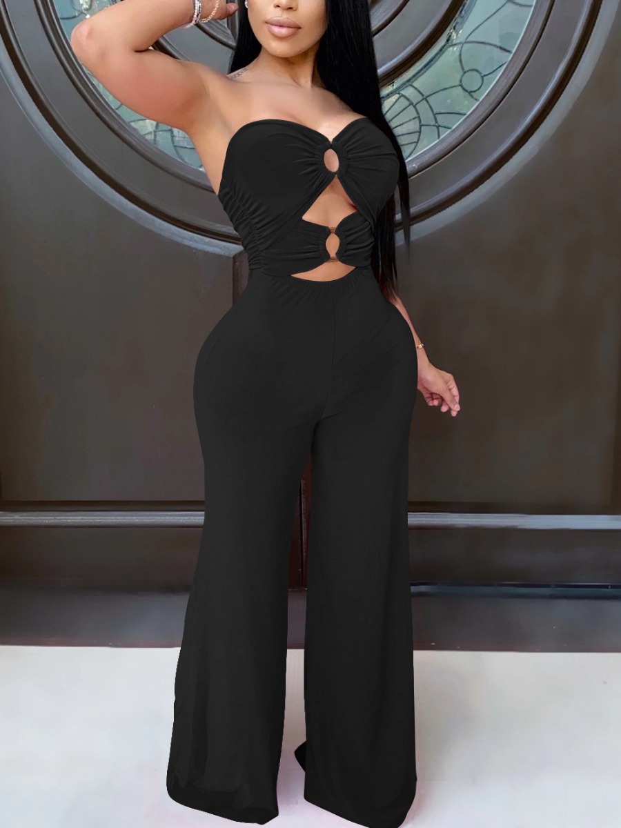 

LW SXY Hollow-out Ring Detail Wide Leg Jumpsuit, Black