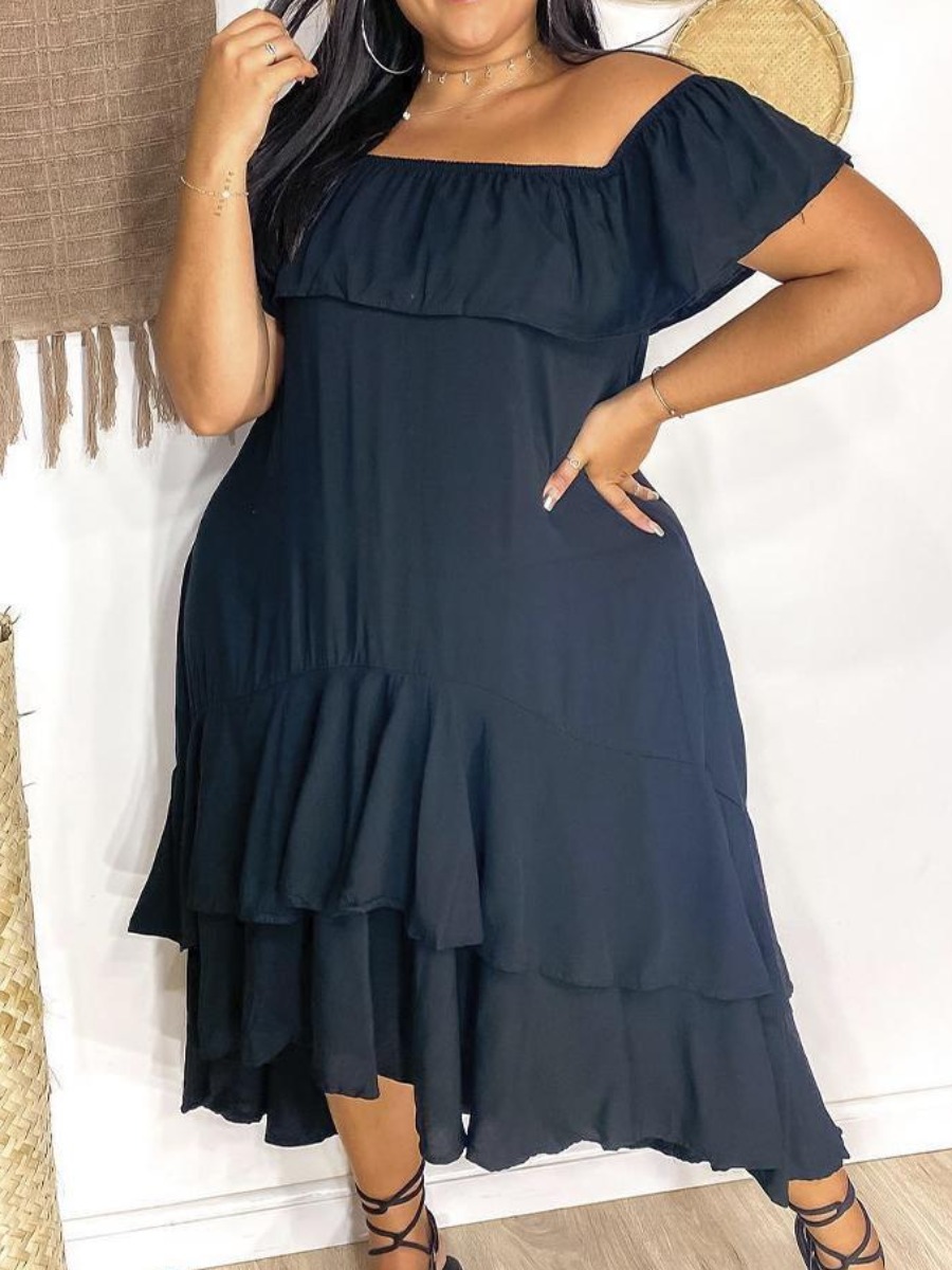 

LW BASICS Plus Size Fold-over Flounce Design Dress, Dark blue