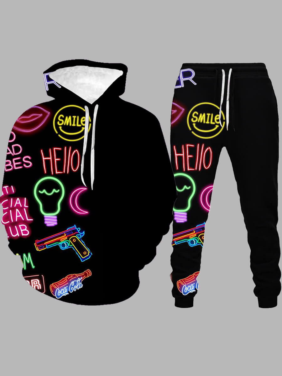

LW Men Stylish Hooded Collar Print Black Two-piece Pants Set