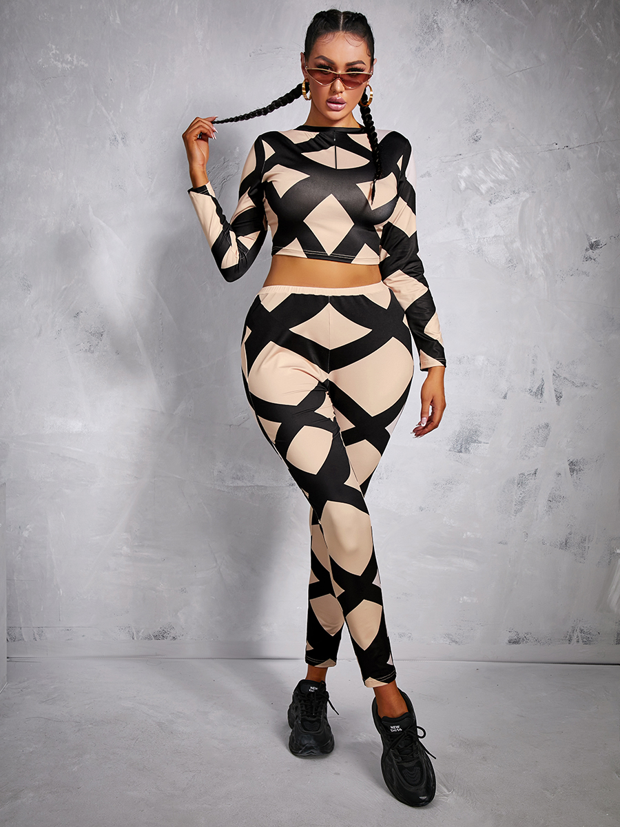 LW Crop Top Geometric Print Pants Set