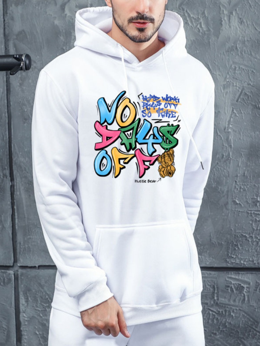 

LW Men Hooded Collar Letter Print Hoodie, White
