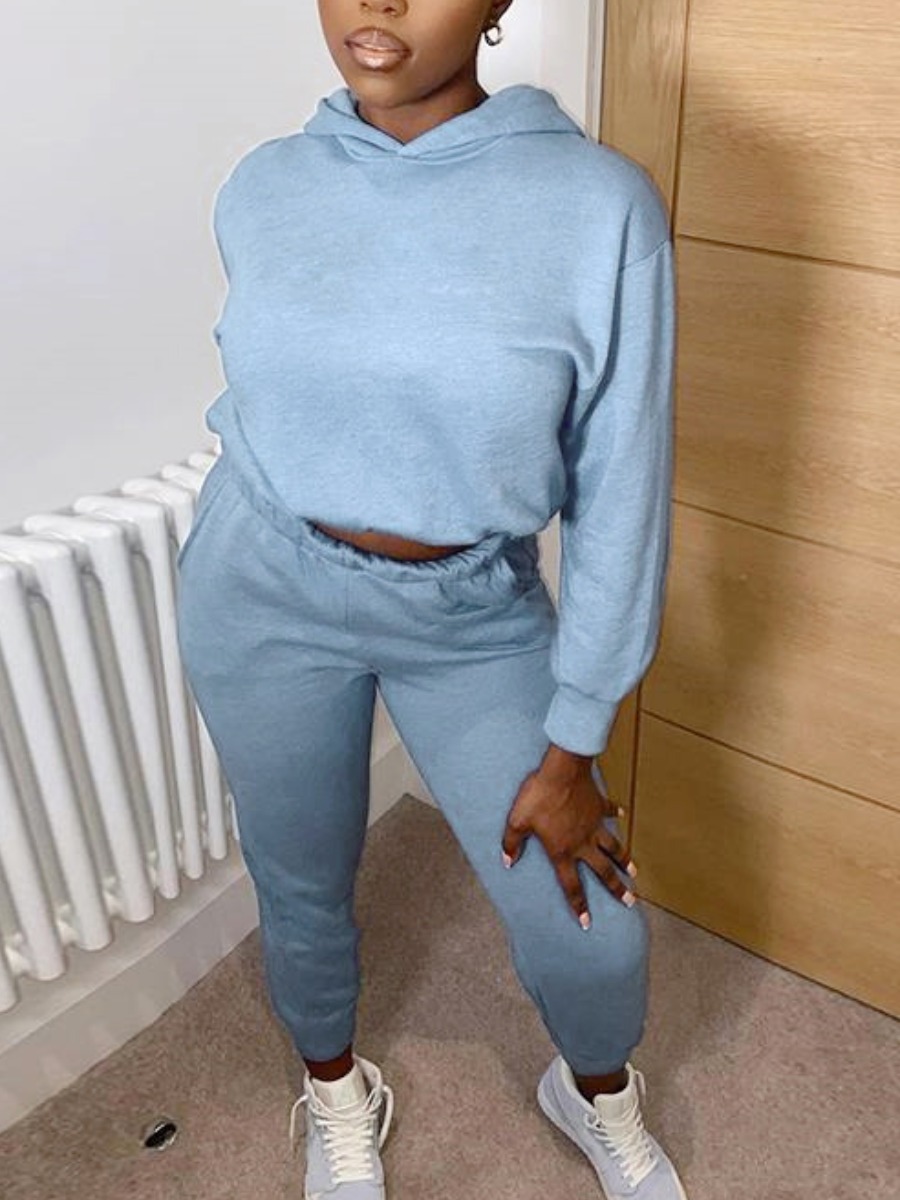 

LW BASICS Hooded Collar Oversized Crop Top Sweatsuit Set, Blue