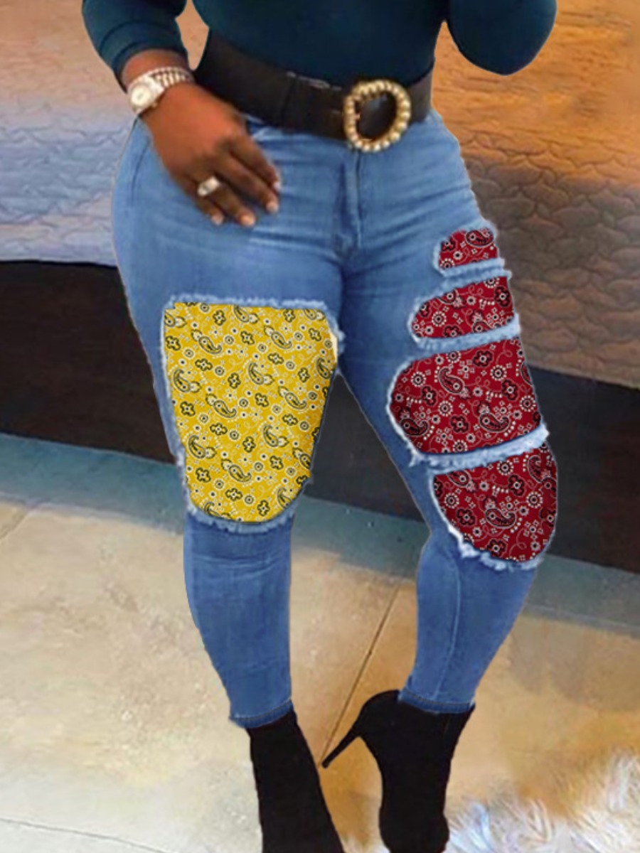 

LW Cashew Print Ripped Jeans, Blue