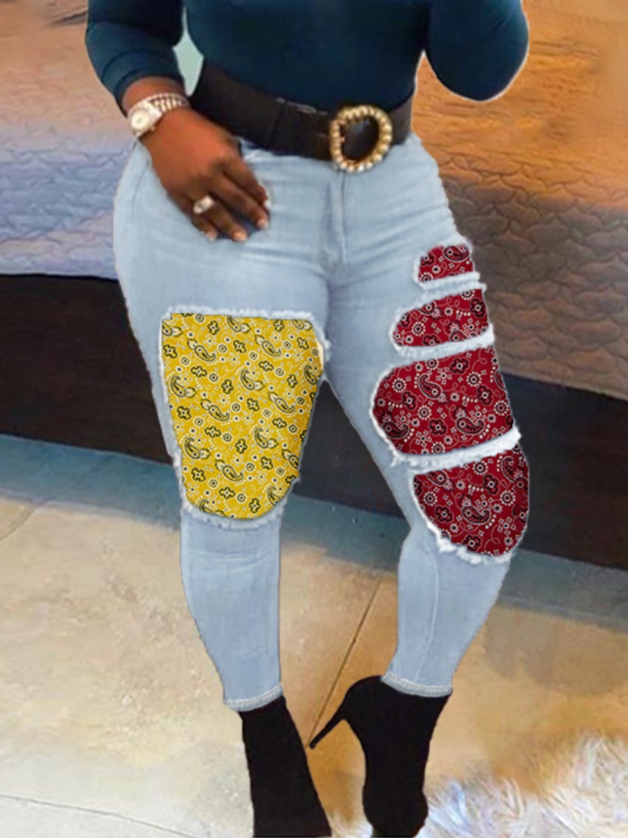

LW Cashew Print Ripped Jeans, Baby blue