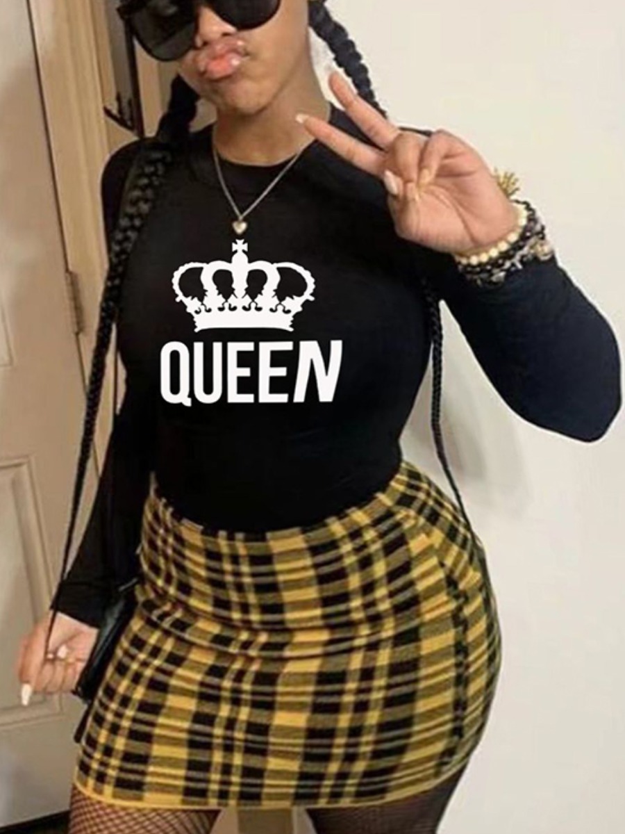

LW Plus Size Round Neck Letter Print T-shirt, Black