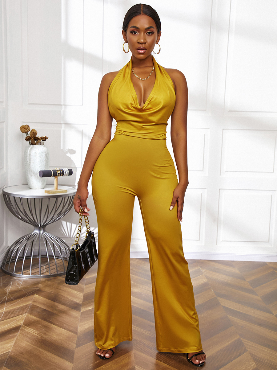 

LW Backless Flared Two Piece Pants Set, Deep camel