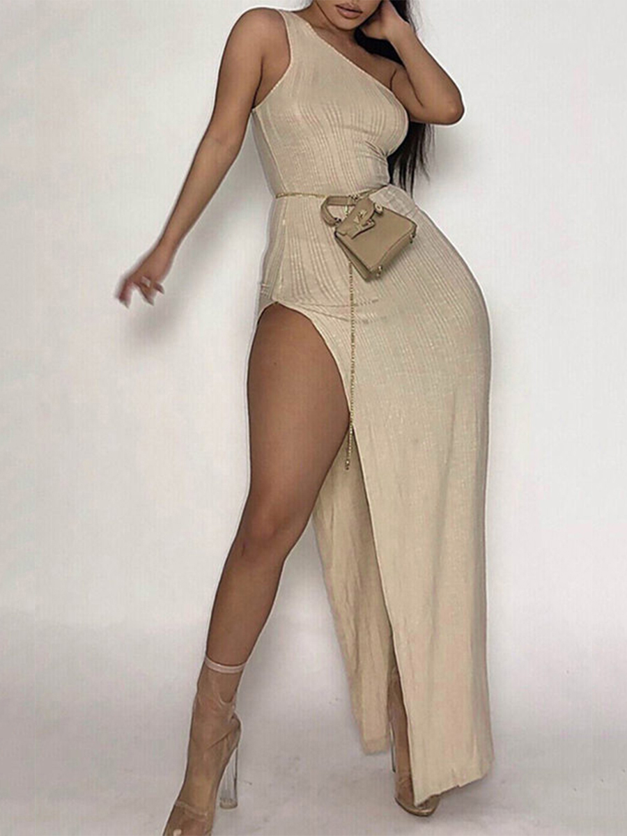 

LW SXY One Shoulder Thigh Slit Dress, Khaki