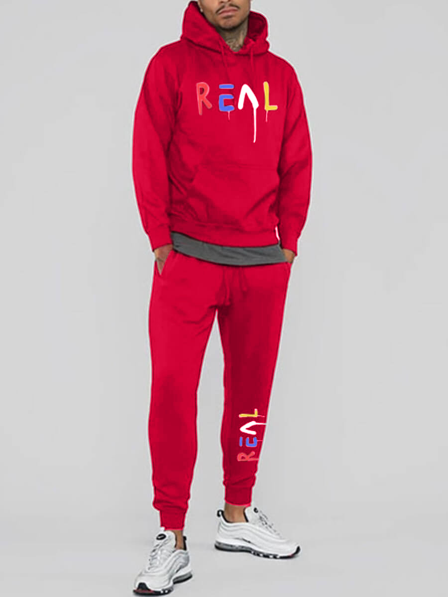

LW Men Casual Hooded Collar Letter Print Wine Red Two Piece Pants Set