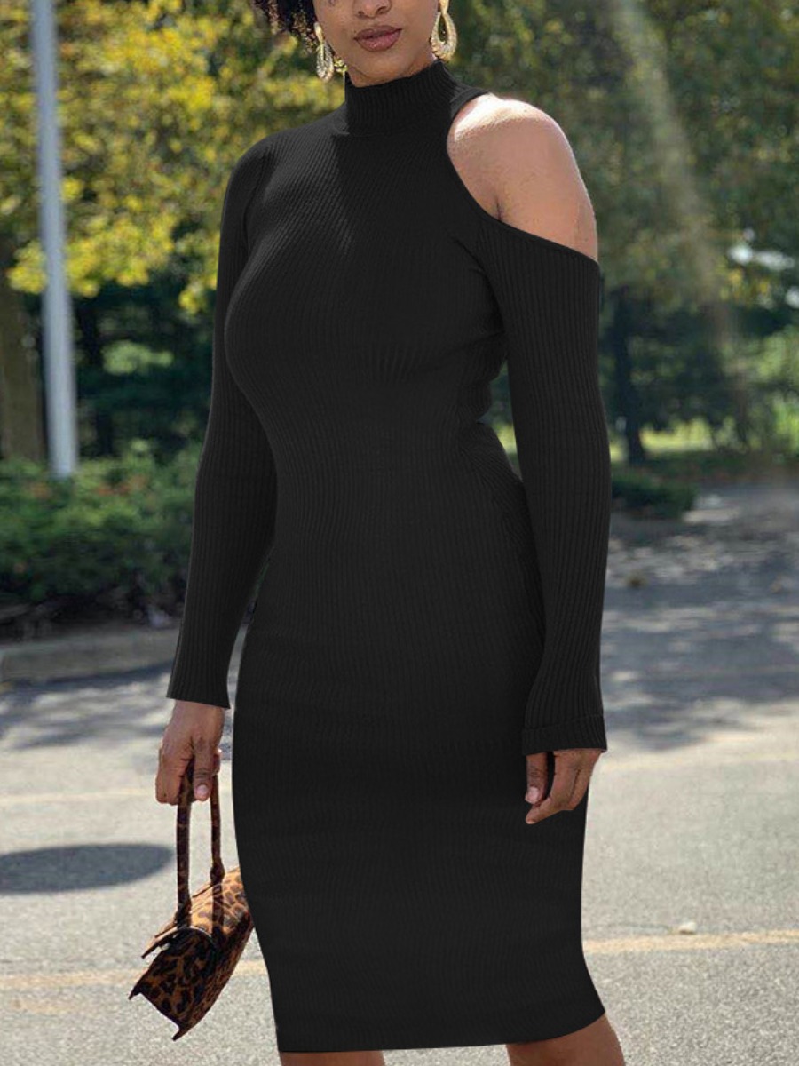 

LW Half A Turtleneck Hollow-out Bodycon Dress, Black
