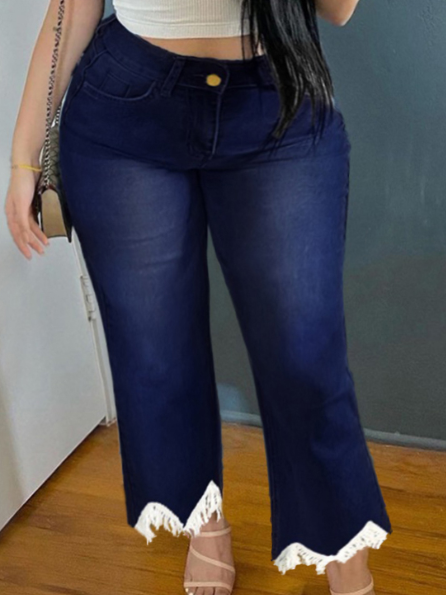 

LW Plus Size Mid Waist Stretch Tassel Design Jeans, Deep blue