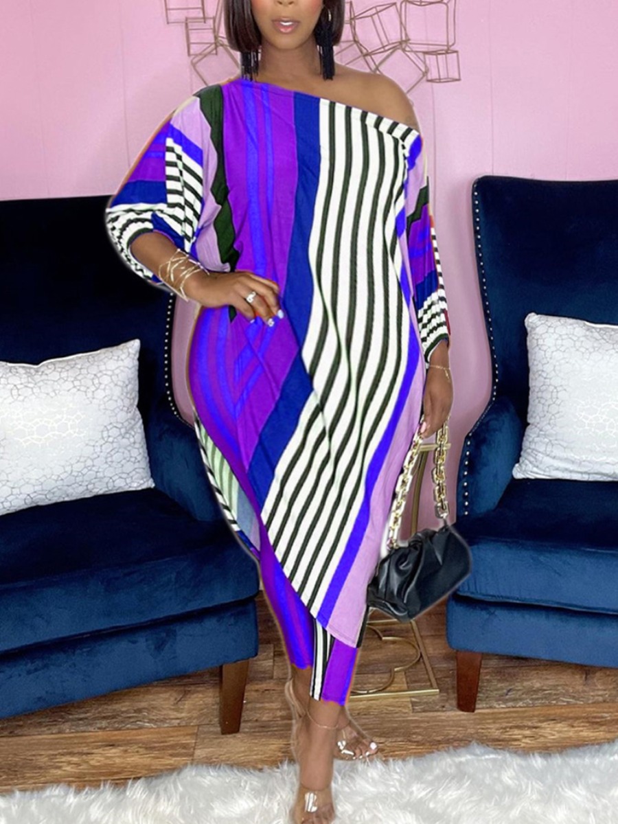 

LW Plus Size Striped Asymmetrical Pants Set, Blue