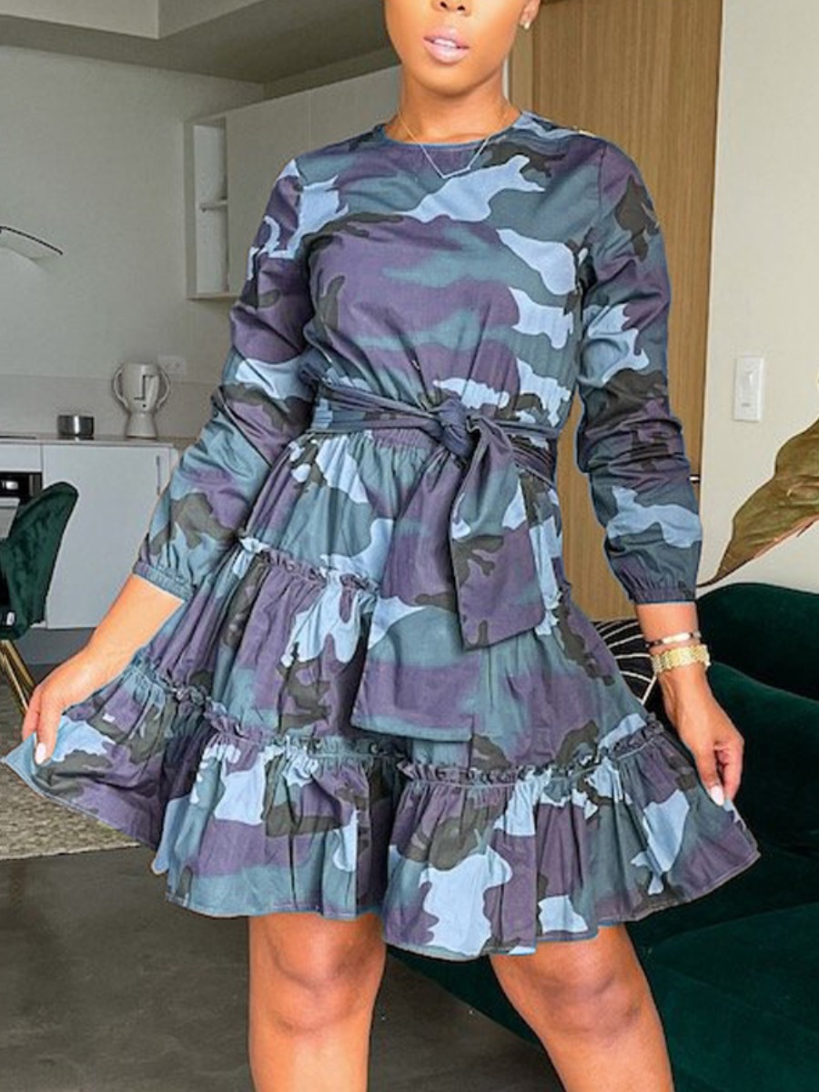

LW Camo Print Fold Design A Line Dress, Blue