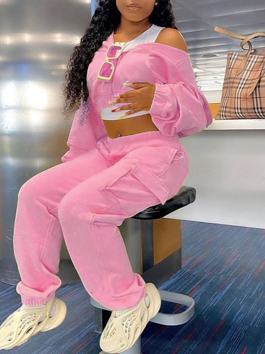 

LW Side Pocket Oversized Pants Set, Pink