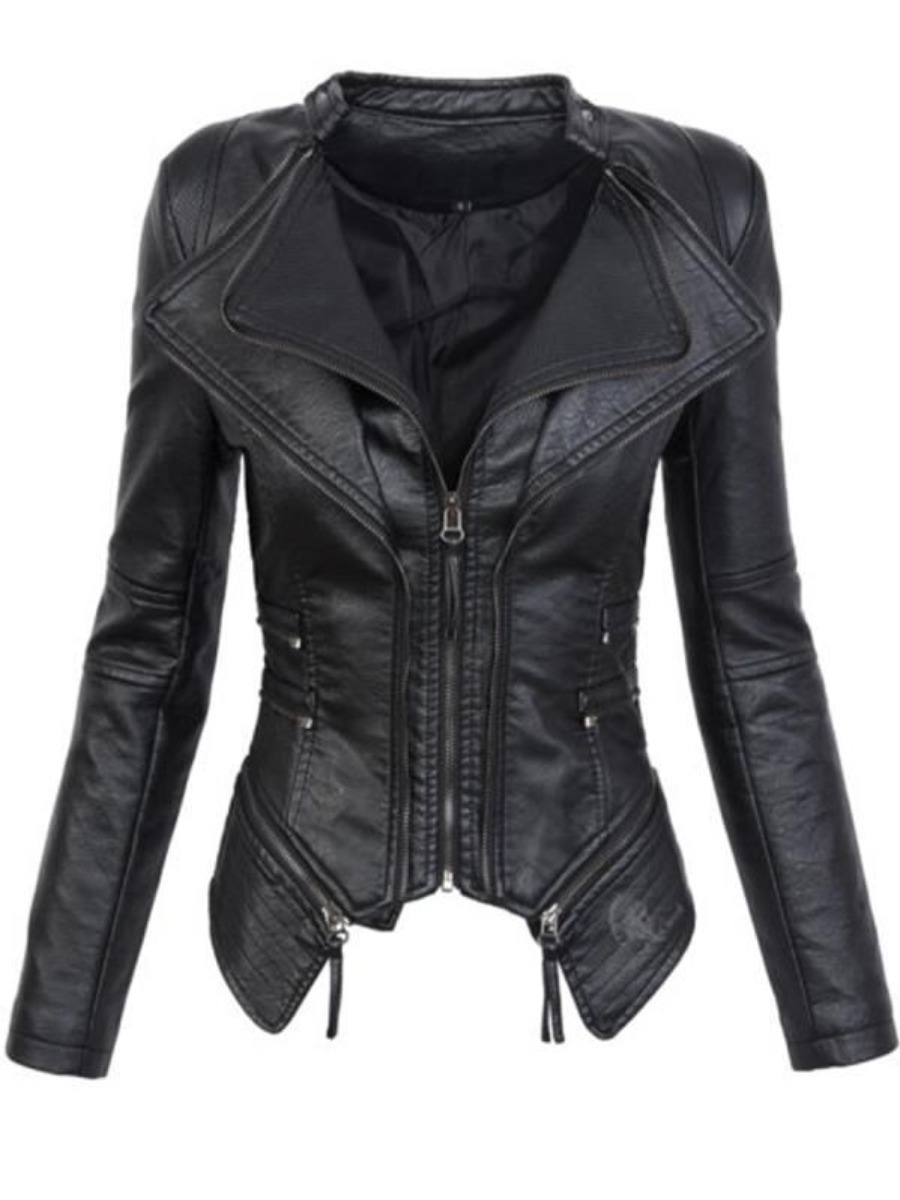 

LW Turndown Collar Zipper Design Leather, Black