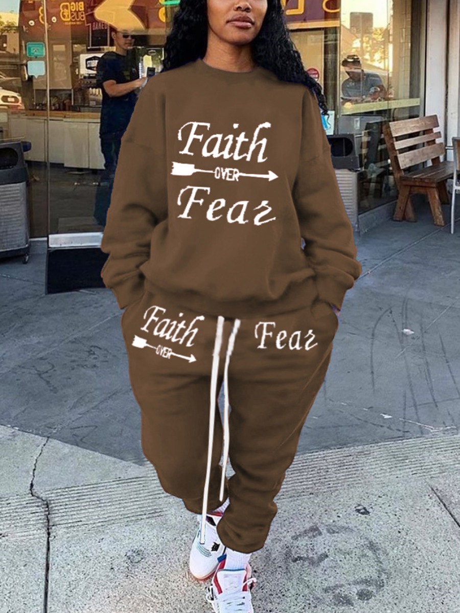 

LW Plus Size Letter Print Oversized Pants Set, Coffee