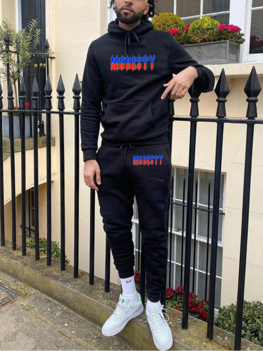 

LW Men Hooded Collar Letter Print Pants Set, Black