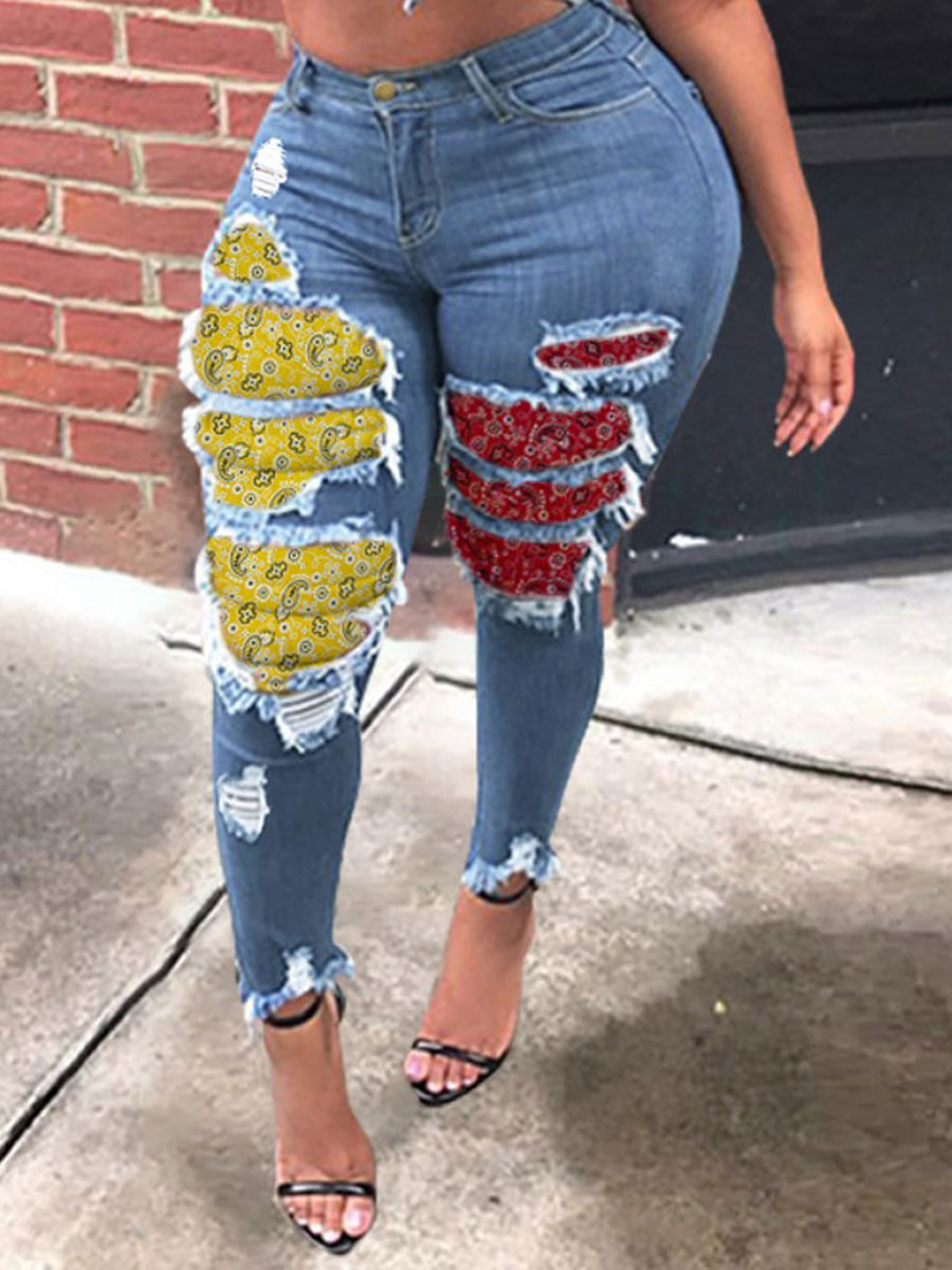 

LW High Stretchy Cashew Print Ripped Jeans, Blue