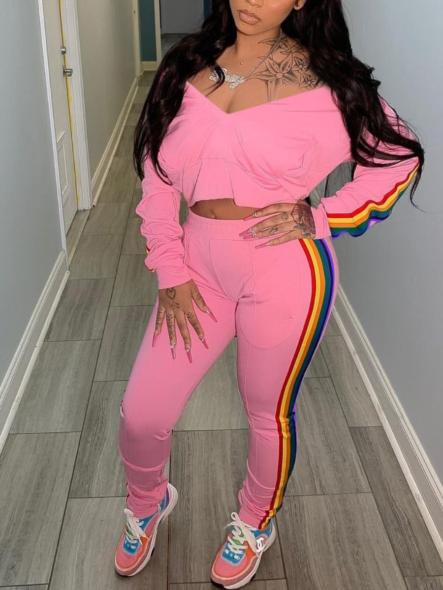 

LW V Neck Striped Crop Top Sweatshirt Set, Pink