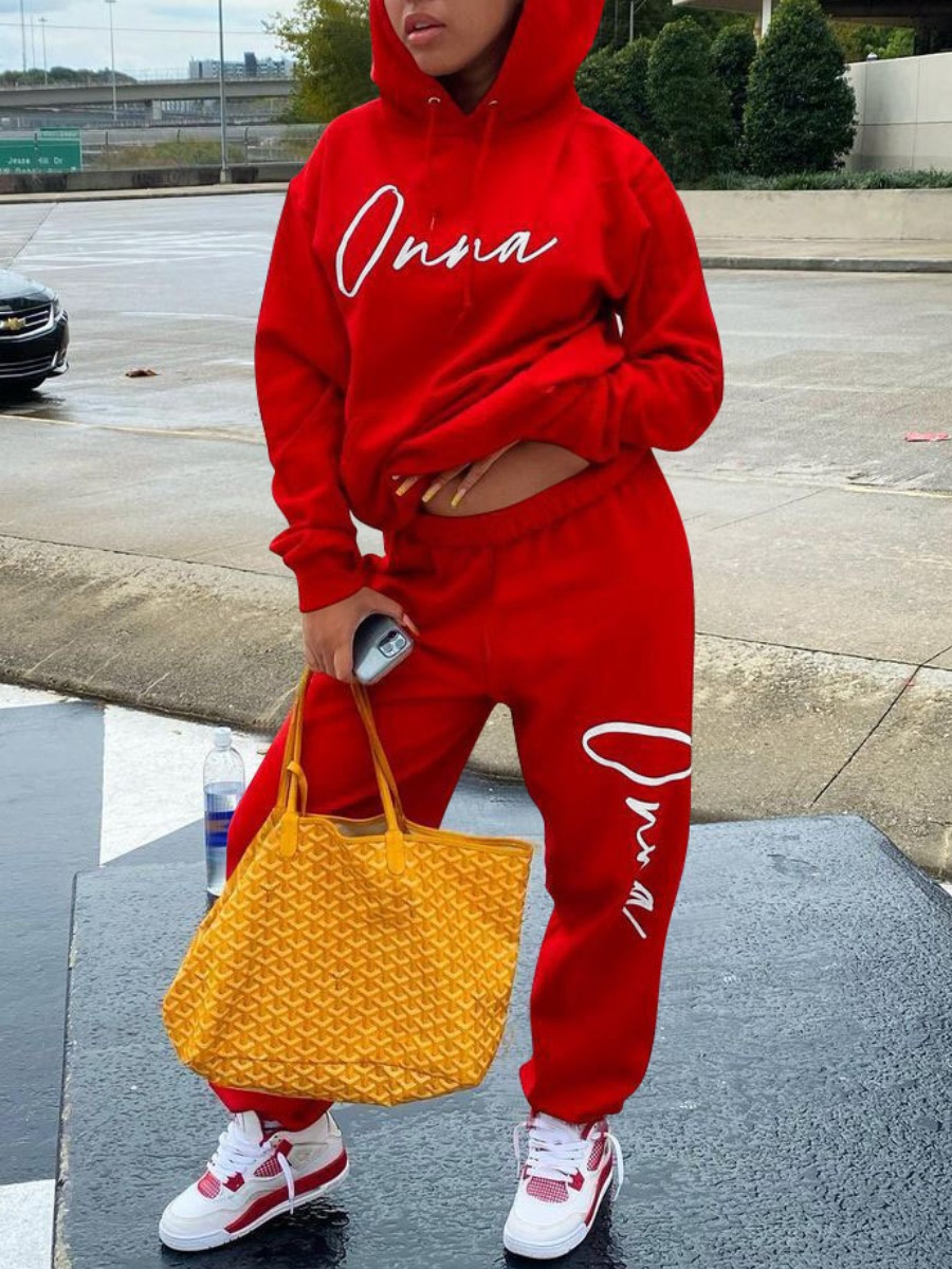 

LW Letter Print Oversized Pants Set, Red