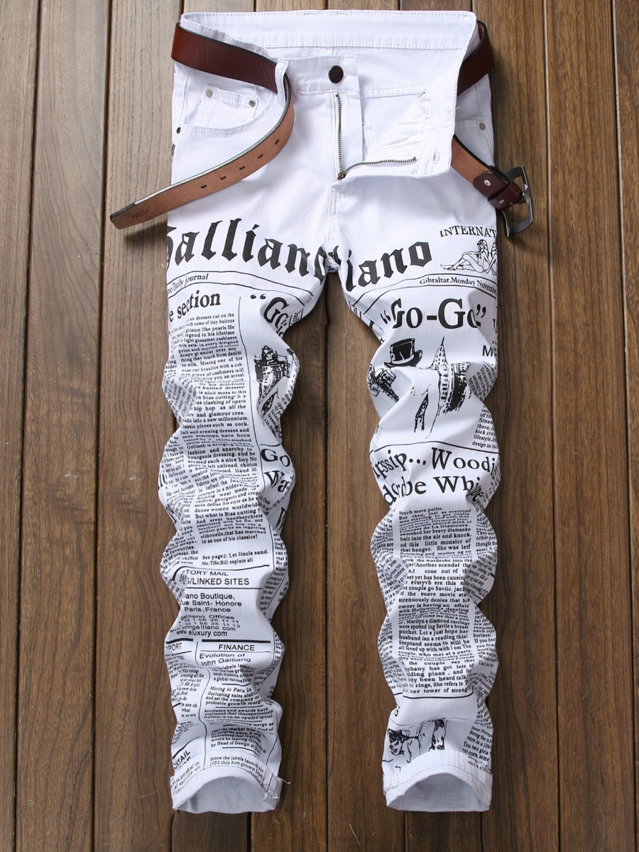 

LW Men Newspaper Letter Print Jeans, White