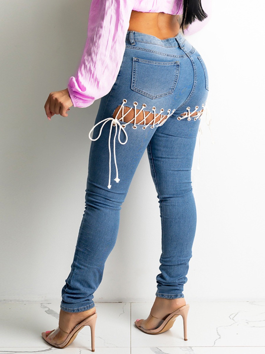 

LW Bandage Hollow-out Design Jeans, Blue