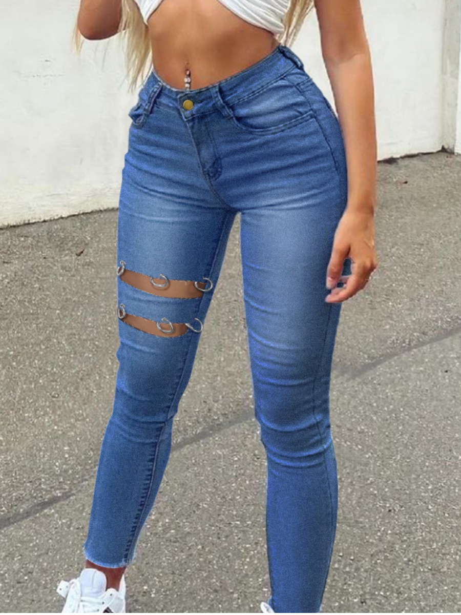 

LW Ripped Metal Ring Decoration Jeans, Blue