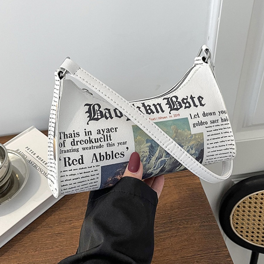 

LW Newspaper Letter Print Shoulder Bag, White