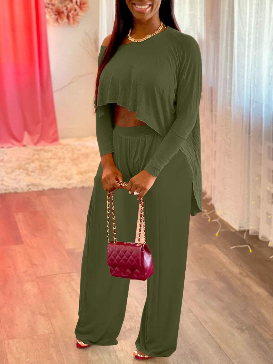 

LW BASICS Wide Leg Asymmetrical Pants Set, Army green