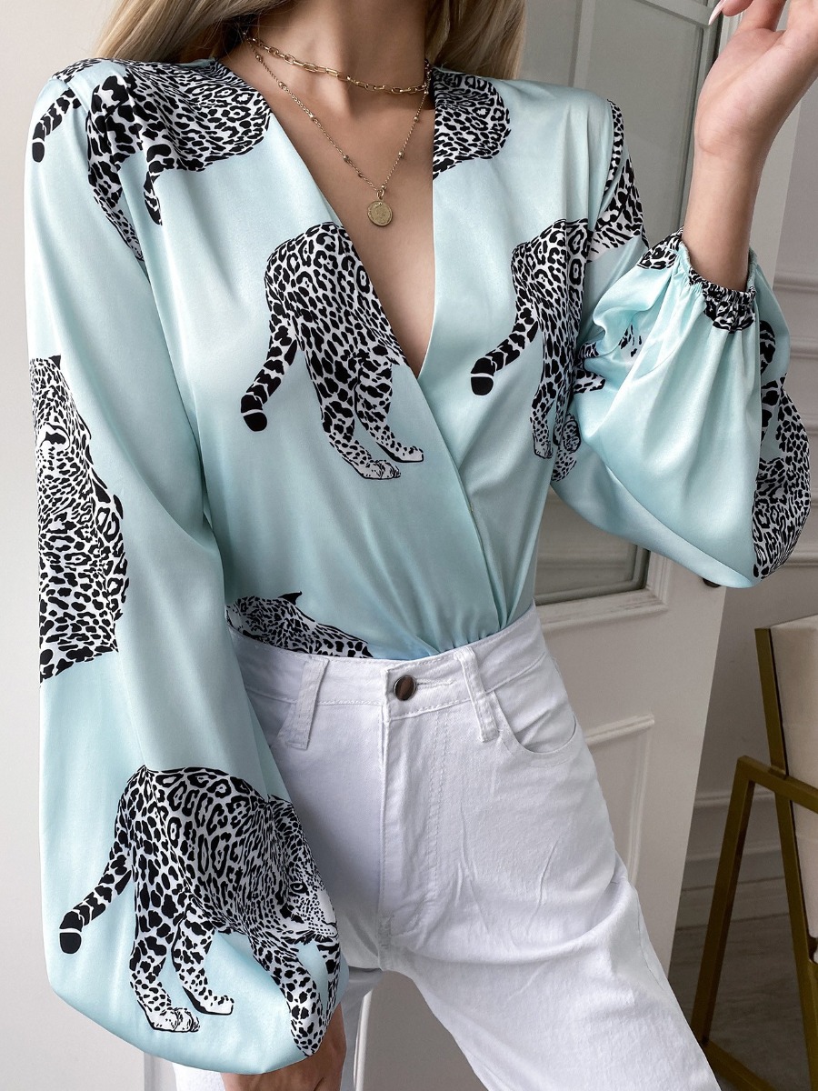 

LW V Neck Mixed Printing Basic Regular Blouses&Shirts, Baby blue