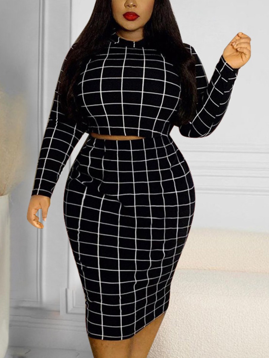 

LW Plus Size Round Neck Plaid Print Skirt Set, Black