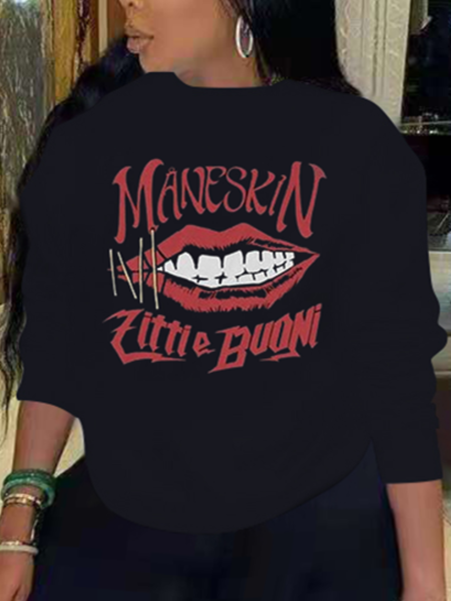 

LW Plus Size Lip Letter Print Hoodie, Black