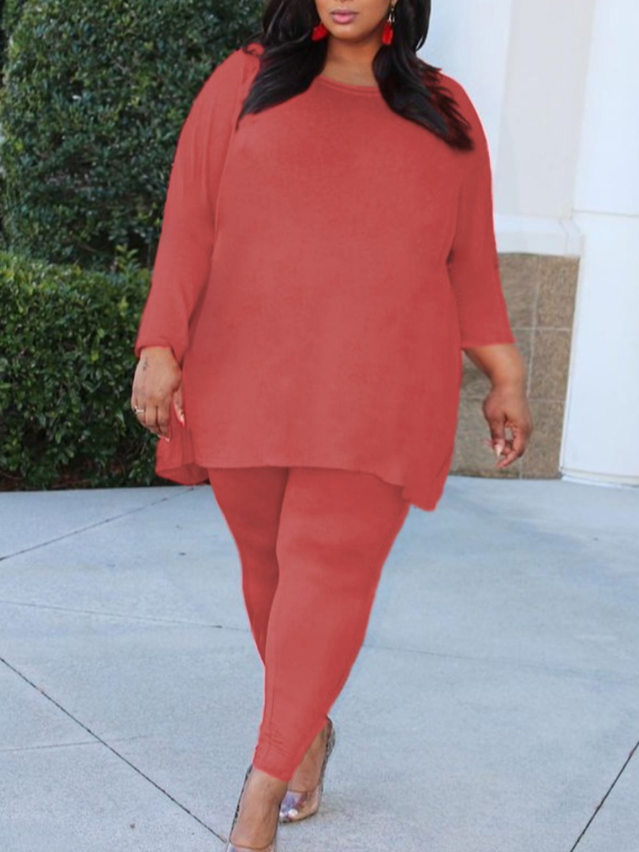 

LW BASICS Plus Size Round Neck Oversized Pants Set, Red