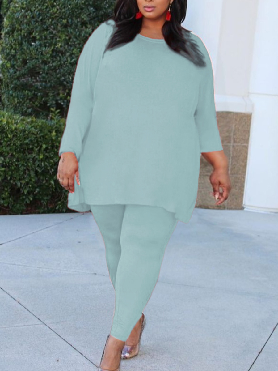 

LW BASICS Plus Size Round Neck Oversized Pants Set, Cyan