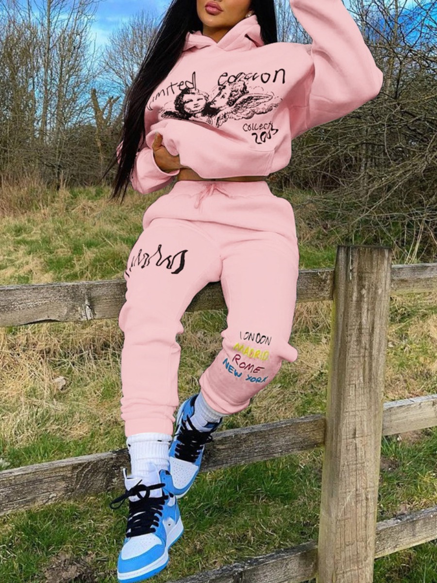 

LW Letter figure print oversized Sweatsuit Set, Pink