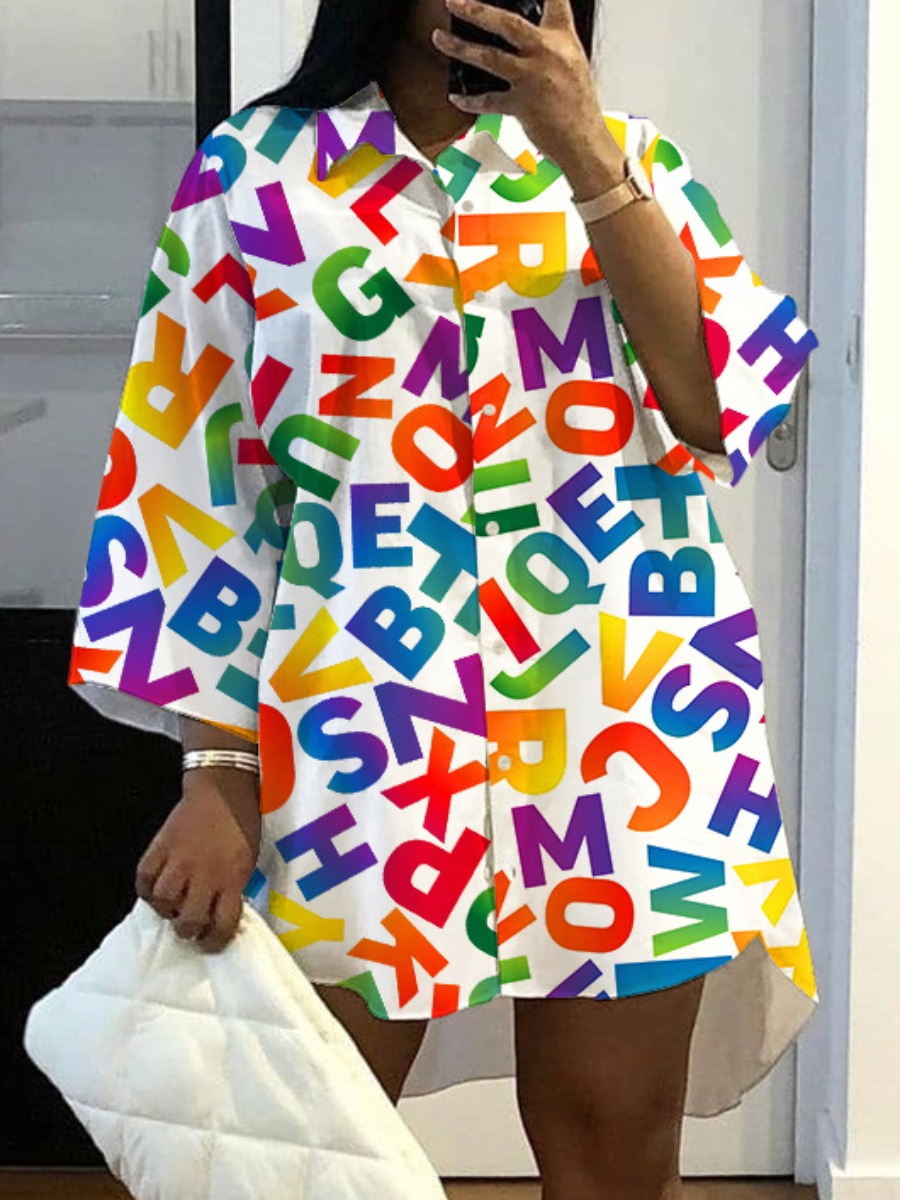 

LW Letter Print Oversized Shirt Dress, White