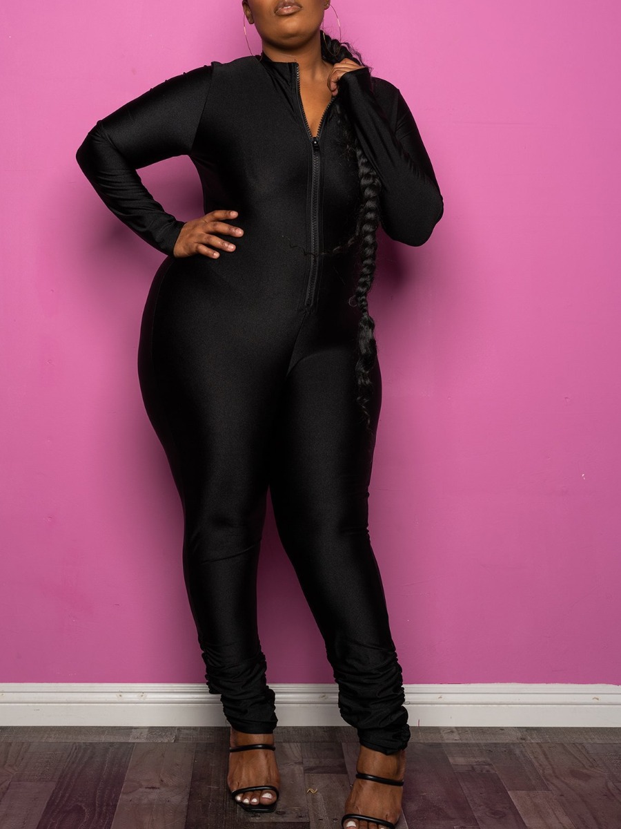 

LW BASICS Plus Size Zipper Fold Design Jumpsuit, Black