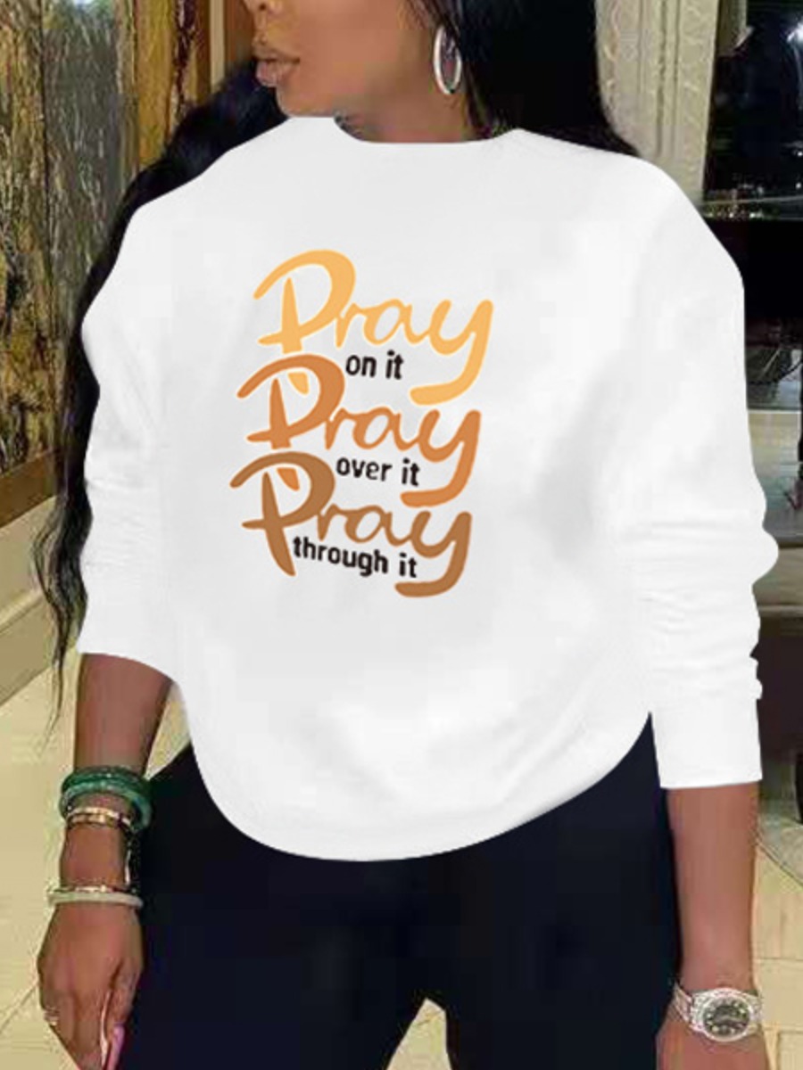

LW Round Neck Letter Print Hoodie, White