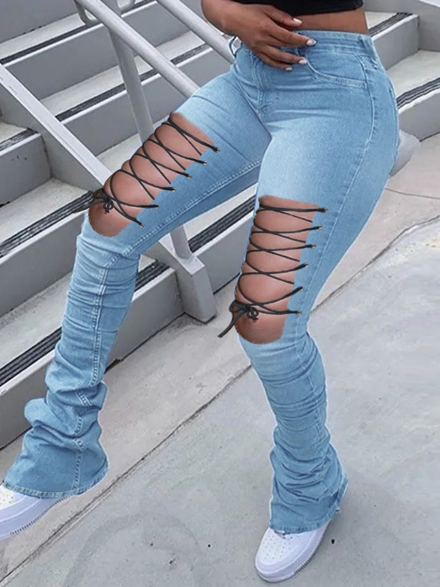 

LW Ripped Bandage Design Flared Jeans, Skyblue
