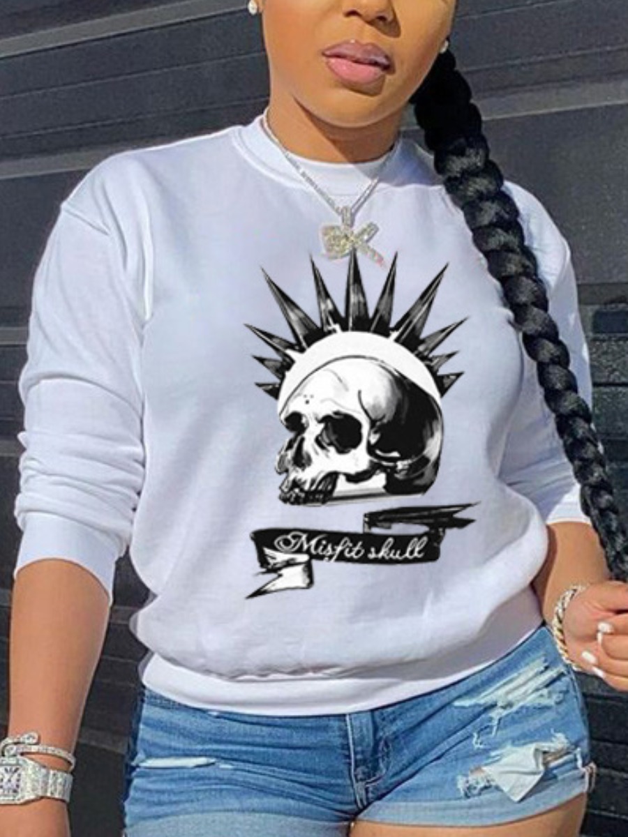 

LW Skull Head Letter Print Hoodie, White