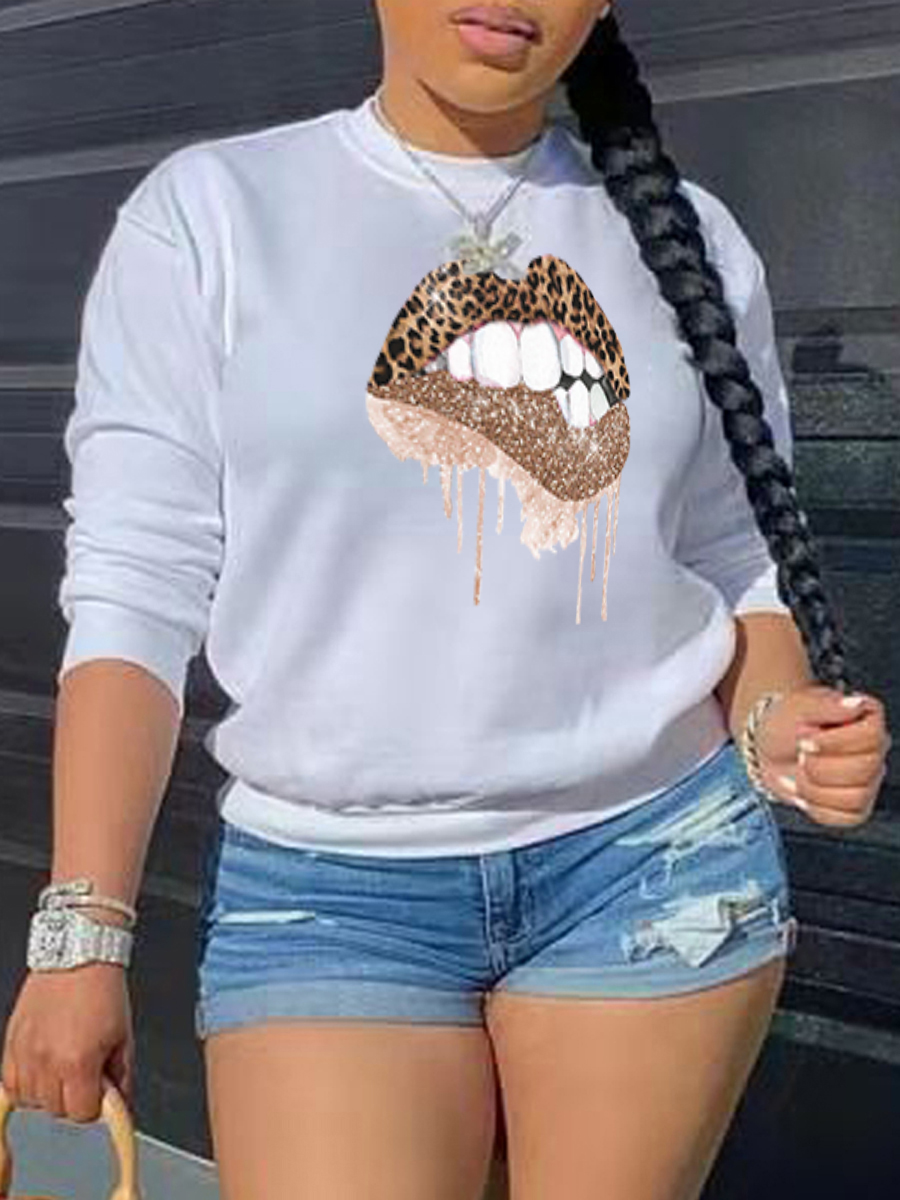 

LW Round Neck Lip Print Hoodie, White